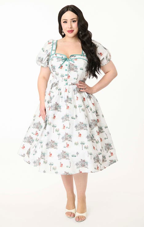 Plus Size 1940s Sweetheart Button Front Swing Dress