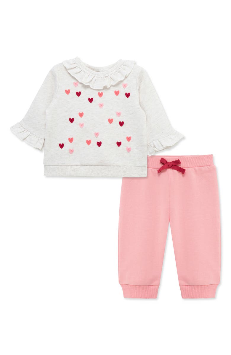 Little Me Hearts Active Ruffle Sweatshirt & Pants Set, Main, color, Pink