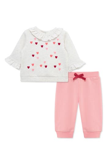 Little Me Babies'  Hearts Active Ruffle Sweatshirt & Pants Set In Pink