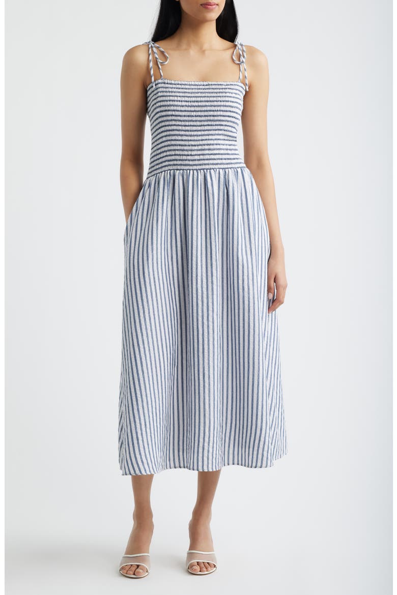 Tie Shoulder Smocked Midi Dress, Main, color, NAVY WHITE
