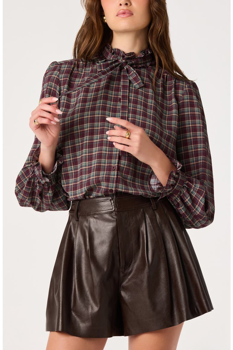 Alyssa Plaid Tie Neck Top, Alternate, color, EGGPLANT PLAID