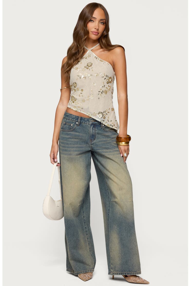Beaded Sequin Asymmetric Halter Top, Alternate, color, BEIGE