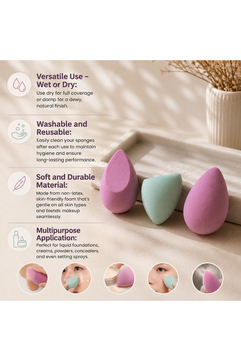 3-Pack Multi-Shape Makeup Sponges, Alternate, color, Multicolor