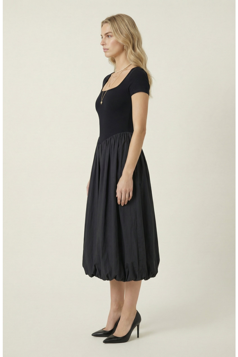 Short Sleeve Bubble Hem Midi Dress, Alternate, color, Black