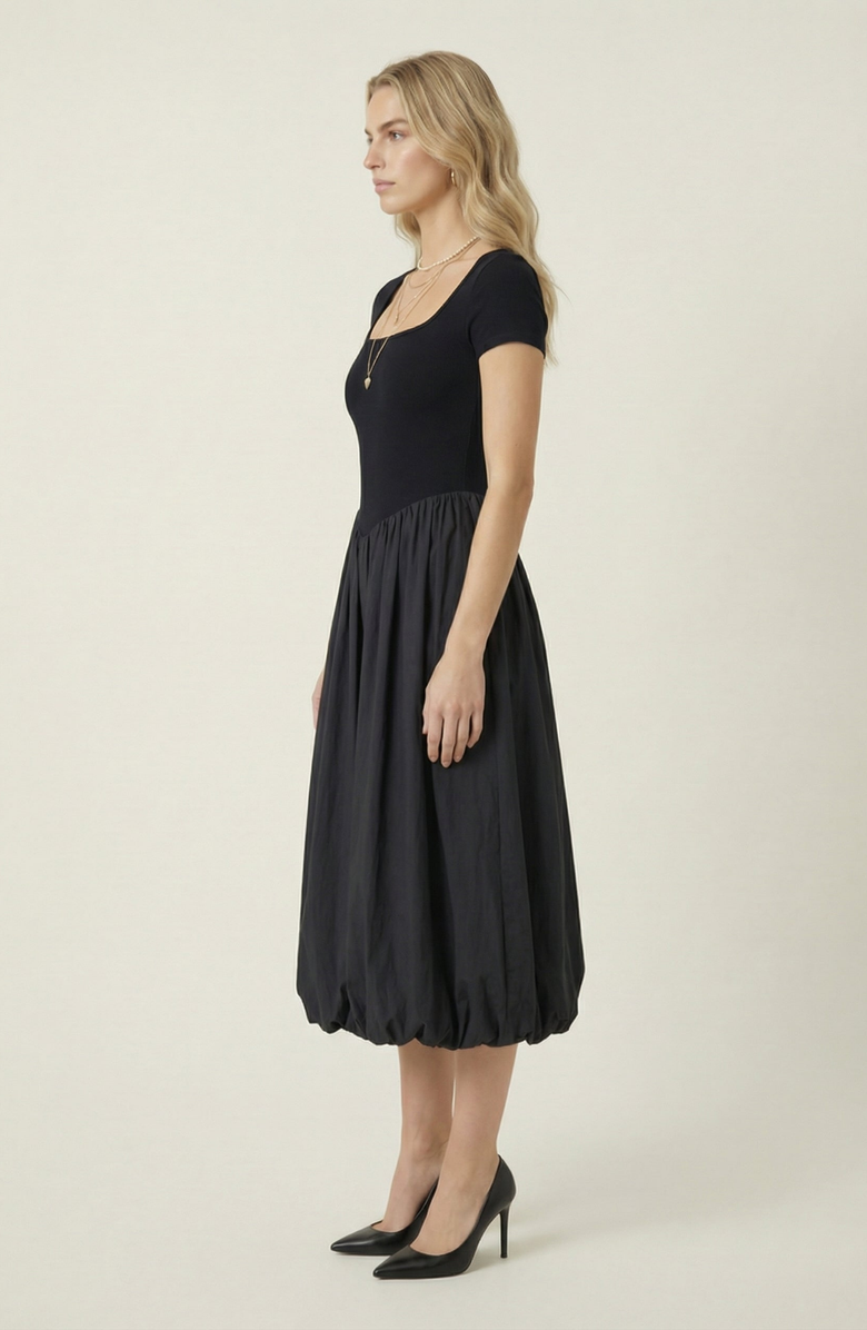 Modenaire Short Sleeve Bubble Hem Midi Dress, Alternate, color, Black