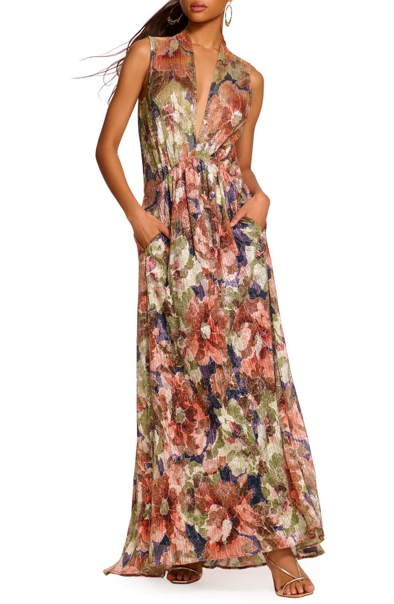 Ramy Brook Geanine Metallic Floral Print Sleeveless Maxi Dress, Main, color, 