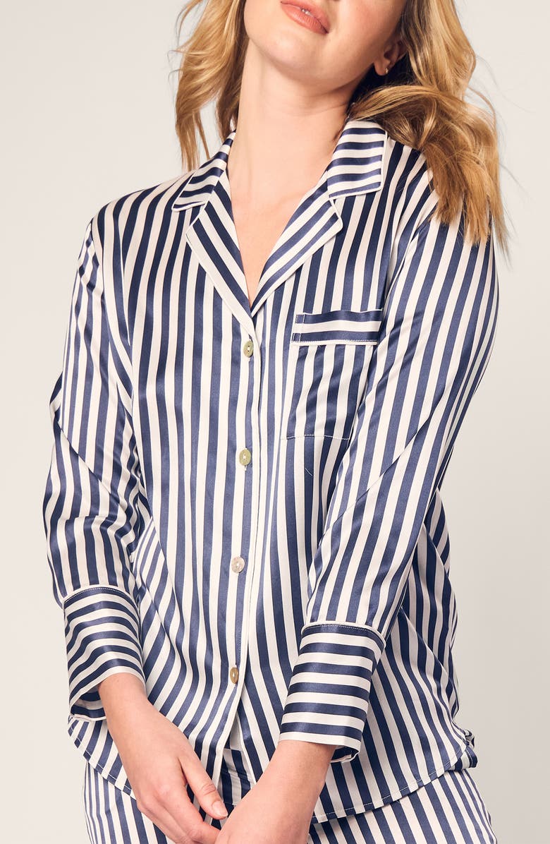 Petite Plume Bengal Stripe Silk Pajamas, Alternate, color, Navy