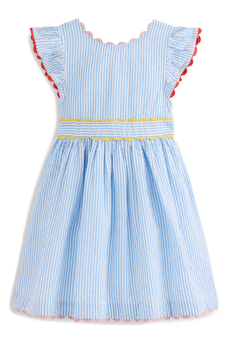 Kids' Scalloped Trim Stripe Seersucker Dress, Main, color, SAPPHIRE BLUE STRIPE