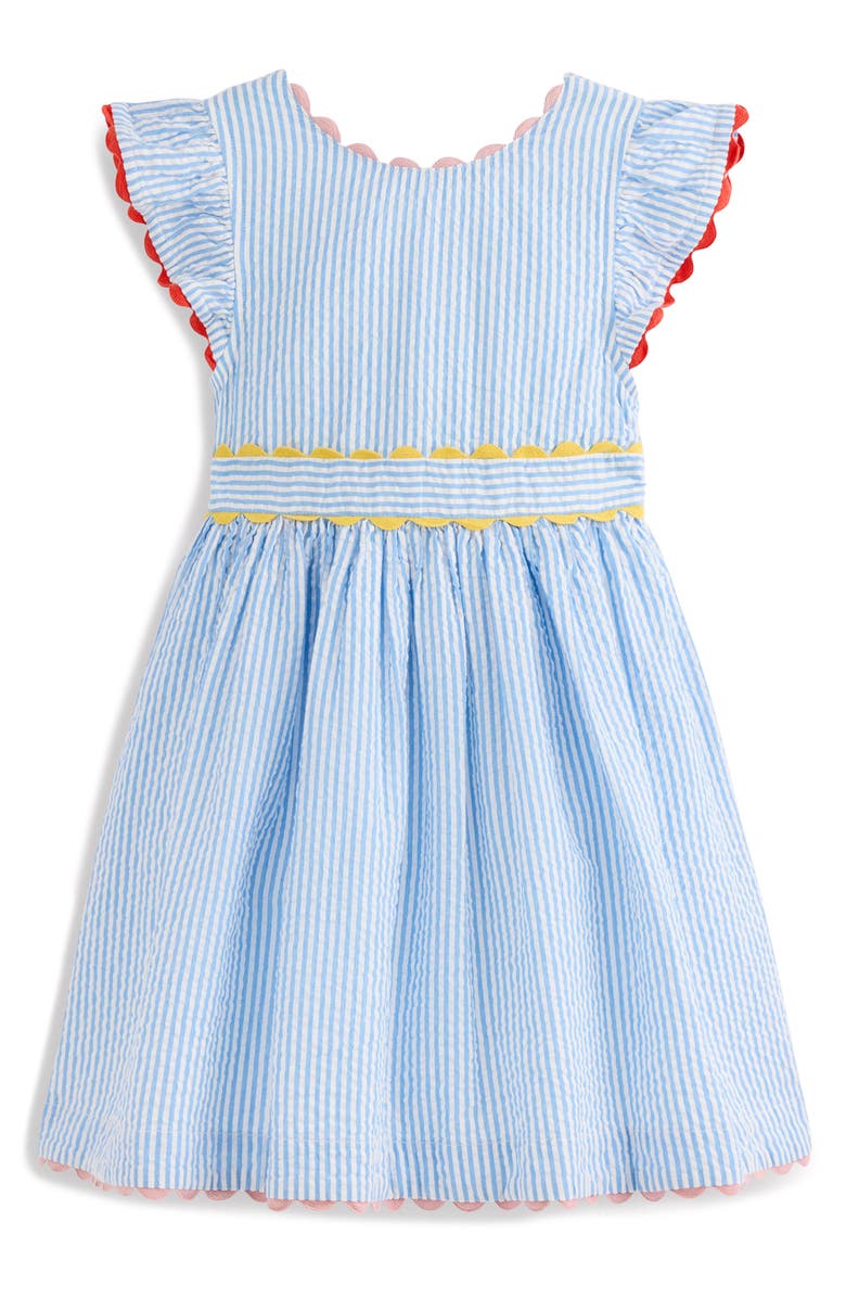 Mini Boden Kids' Scalloped Trim Stripe Seersucker Dress, Main, color, Sapphire Blue Stripe
