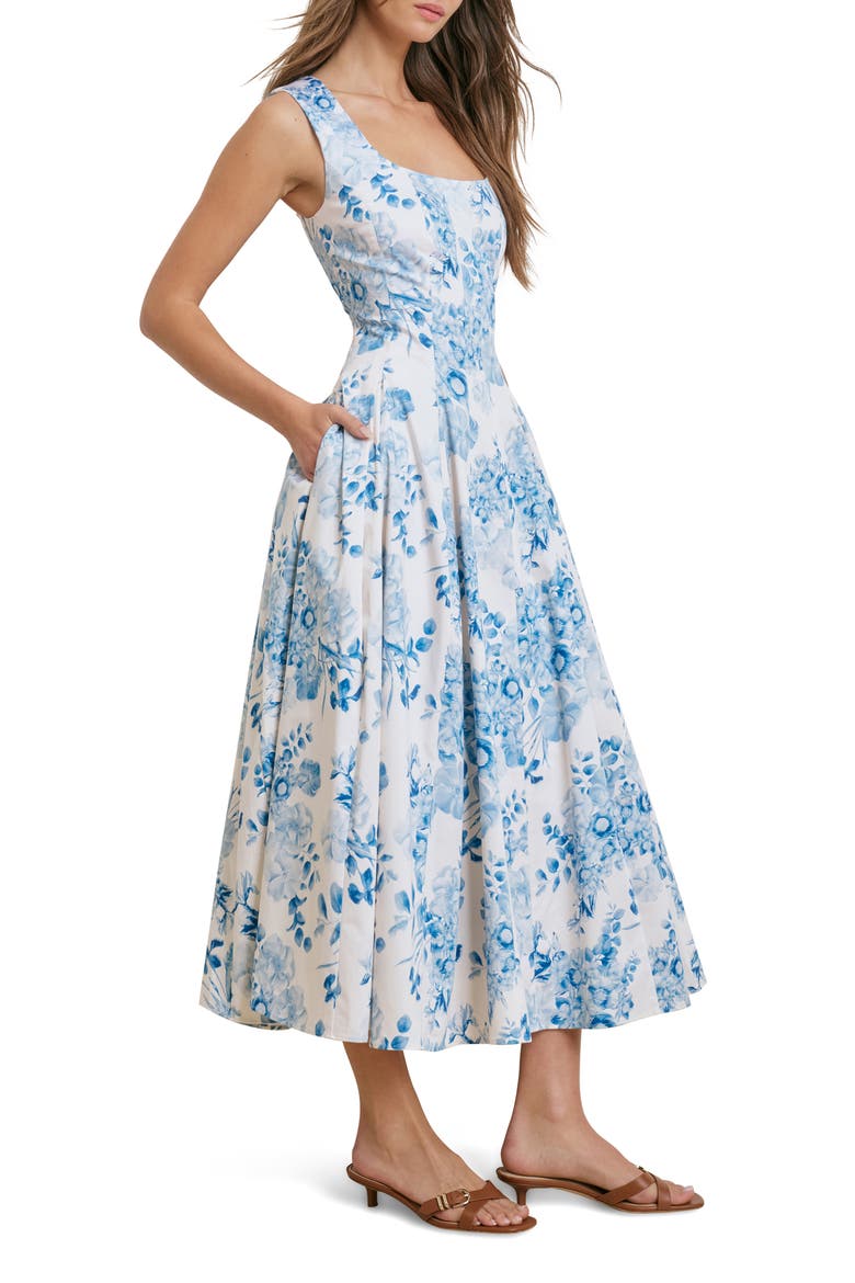 The Muse Floral Stretch Cotton Midi Dress, Alternate, color, BLUE/ WHITE FLORAL