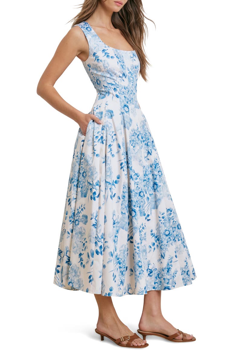 Favorite Daughter The Muse Floral Stretch Cotton Midi Dress, Alternate, color, Blue/ White Floral
