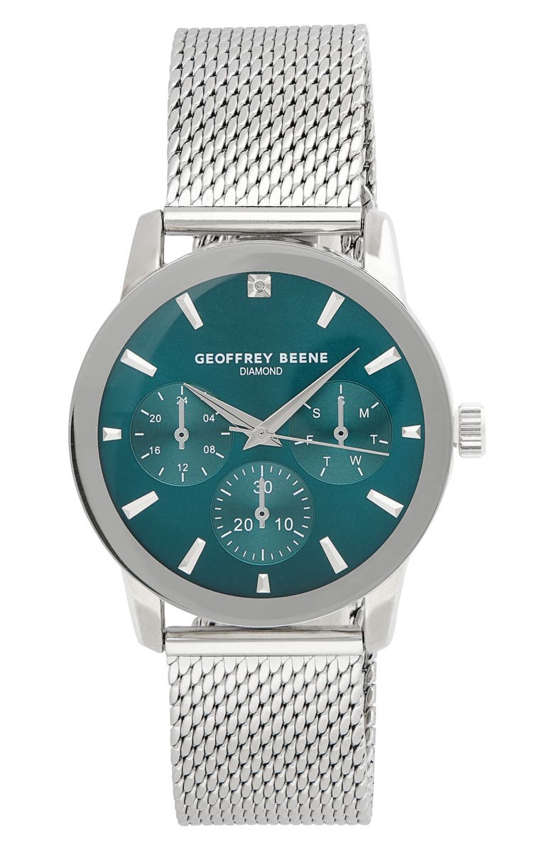 GEOFFREY BEENE Diamond Mesh Strap Multifunction Watch, 42mm, Main, color, Silver
