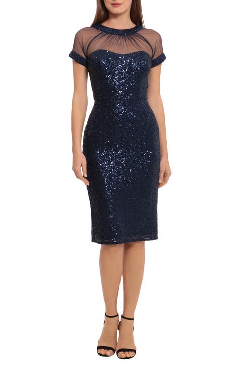 Illusion Short Sleeve Sequin Sheath Dress (Regular & Plus)