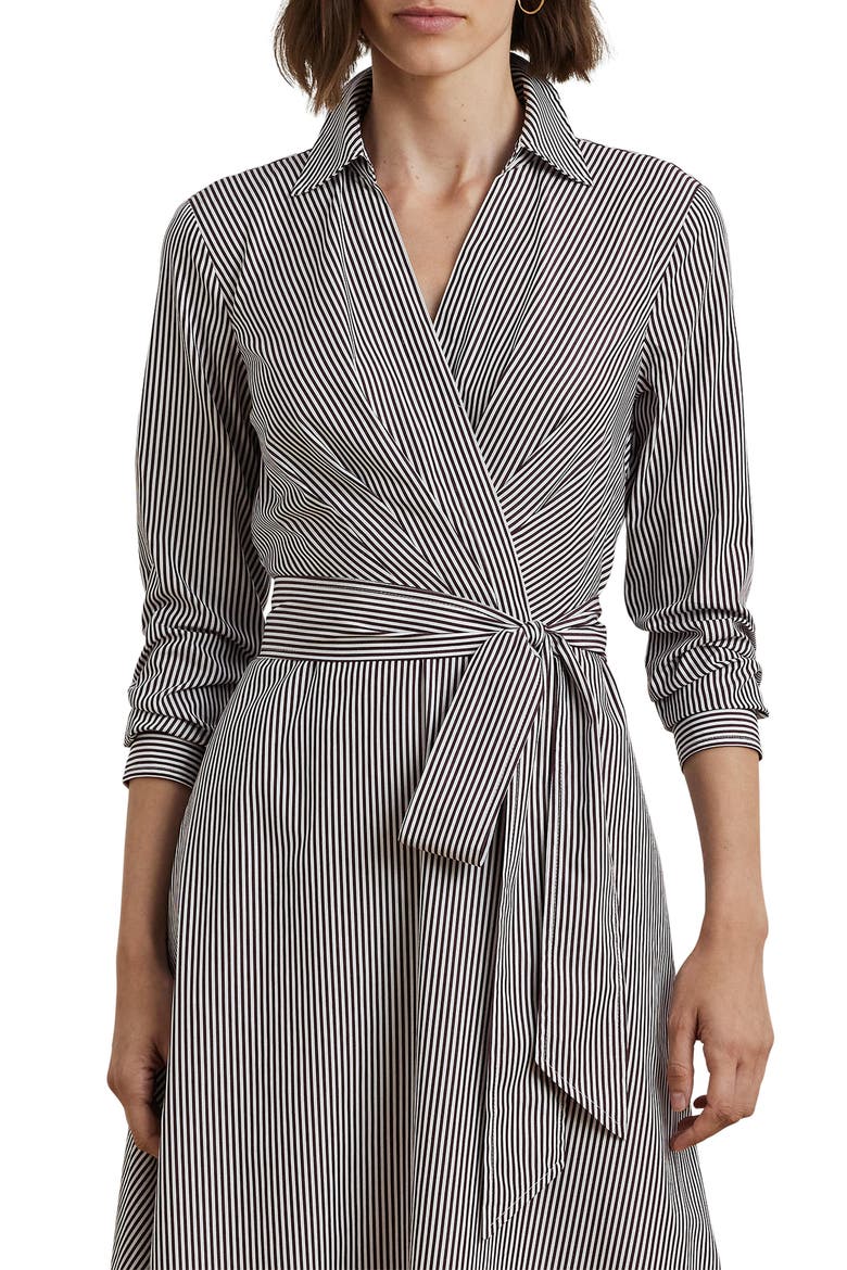 Stripe Long Sleeve Wrap Front Cotton Midi Shirtdress, Alternate, color, PINOT NOIR/ WHITE