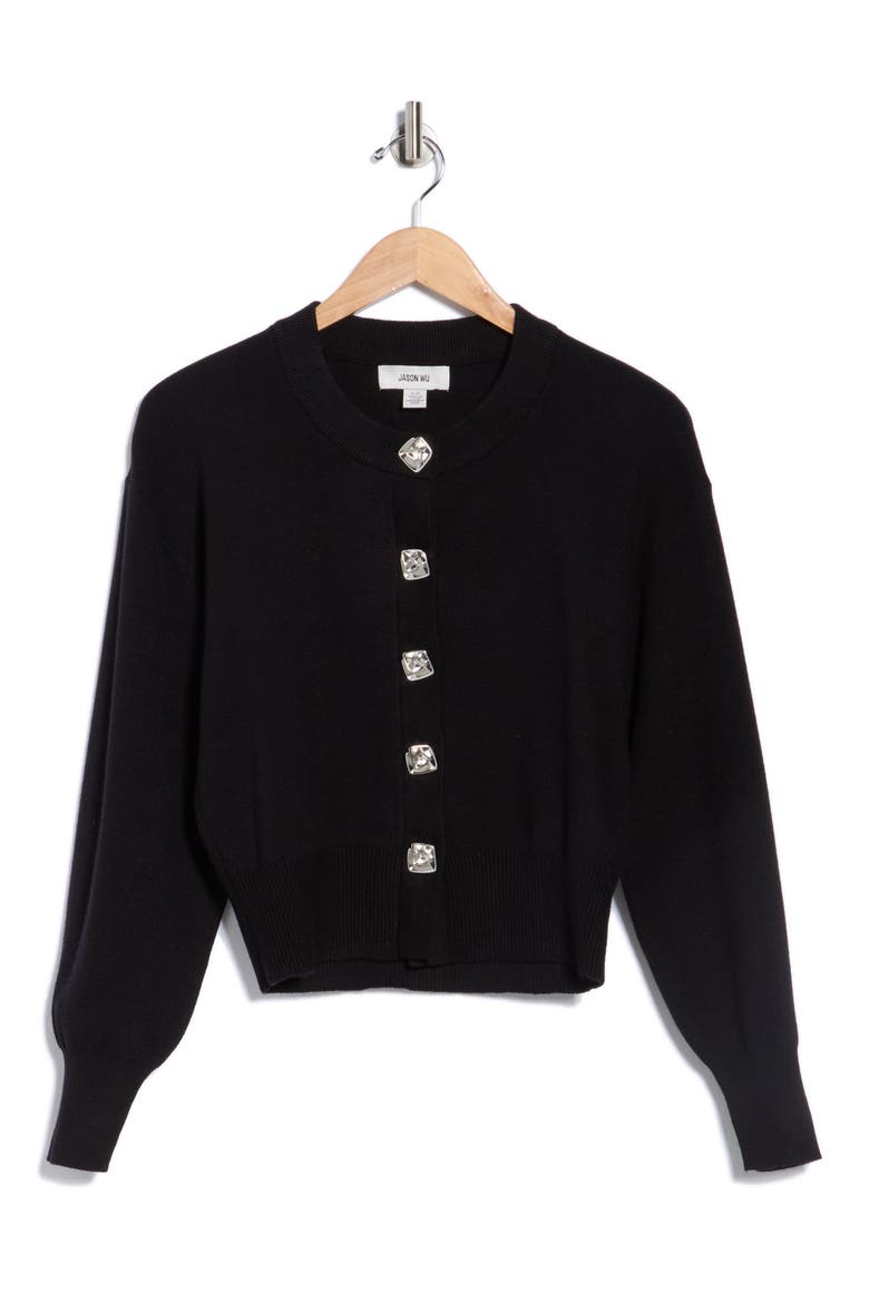 Crewneck Button-Up Cardigan, Alternate, color, BLACK
