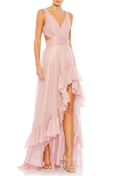 Side and Back Cut Out High Low Ruffle Gown