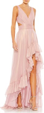 Ieena for Mac Duggal Side and Back Cut Out High Low Ruffle Gown