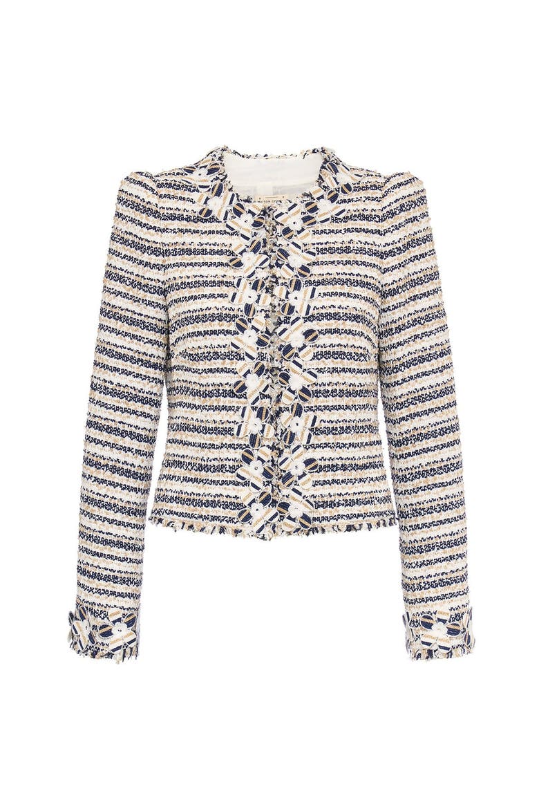 Striped Tweed Jacket With Flower Boarder, Main, color, White Navy Gold