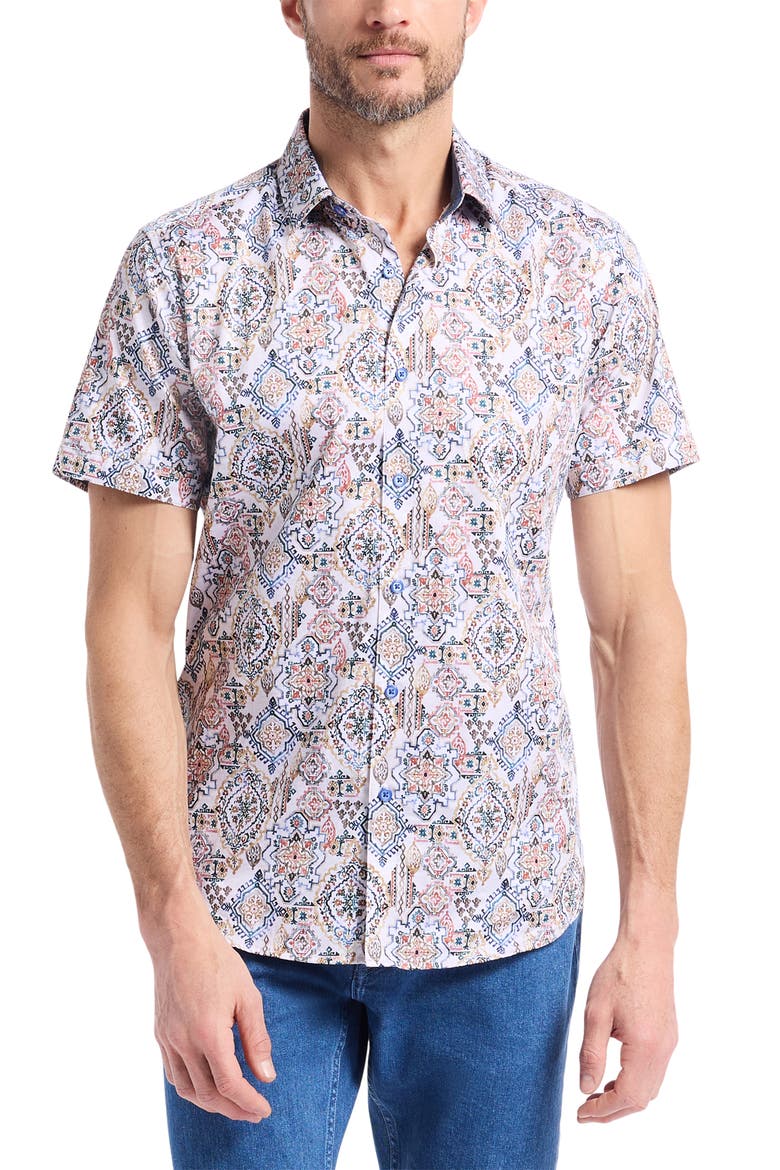Pismo Short Sleeve Stretch Cotton Button-Up Shirt, Main, color, WHITE MULTI