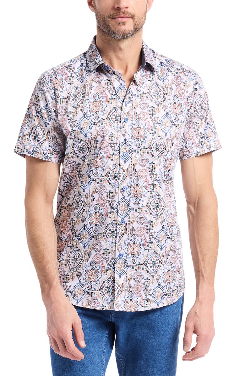 Robert Graham Pismo Short Sleeve Stretch Cotton Button-Up Shirt, Main, color, White Multi
