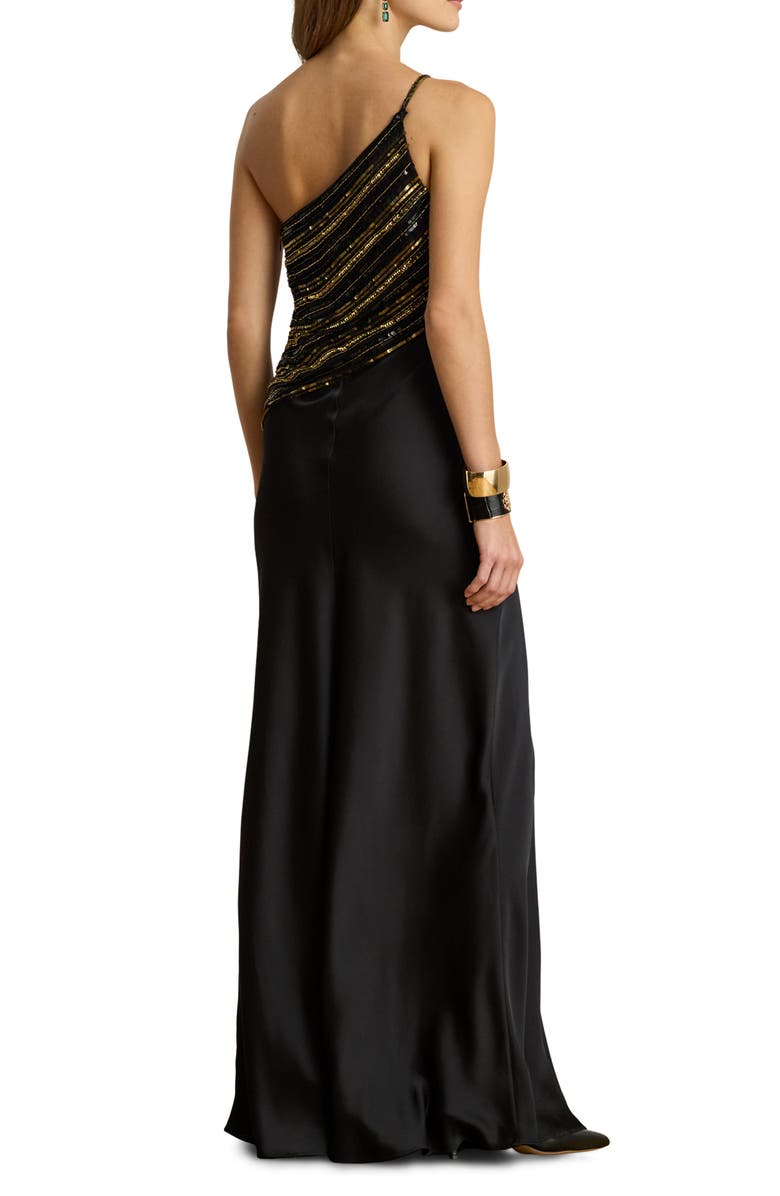 Lauren Ralph Lauren Beaded Mesh One-Shoulder Gown, Alternate, color, Black/ Gold