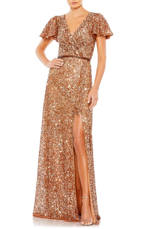 Sequined Wrap Over Butterfly Sleeve Draped Gown