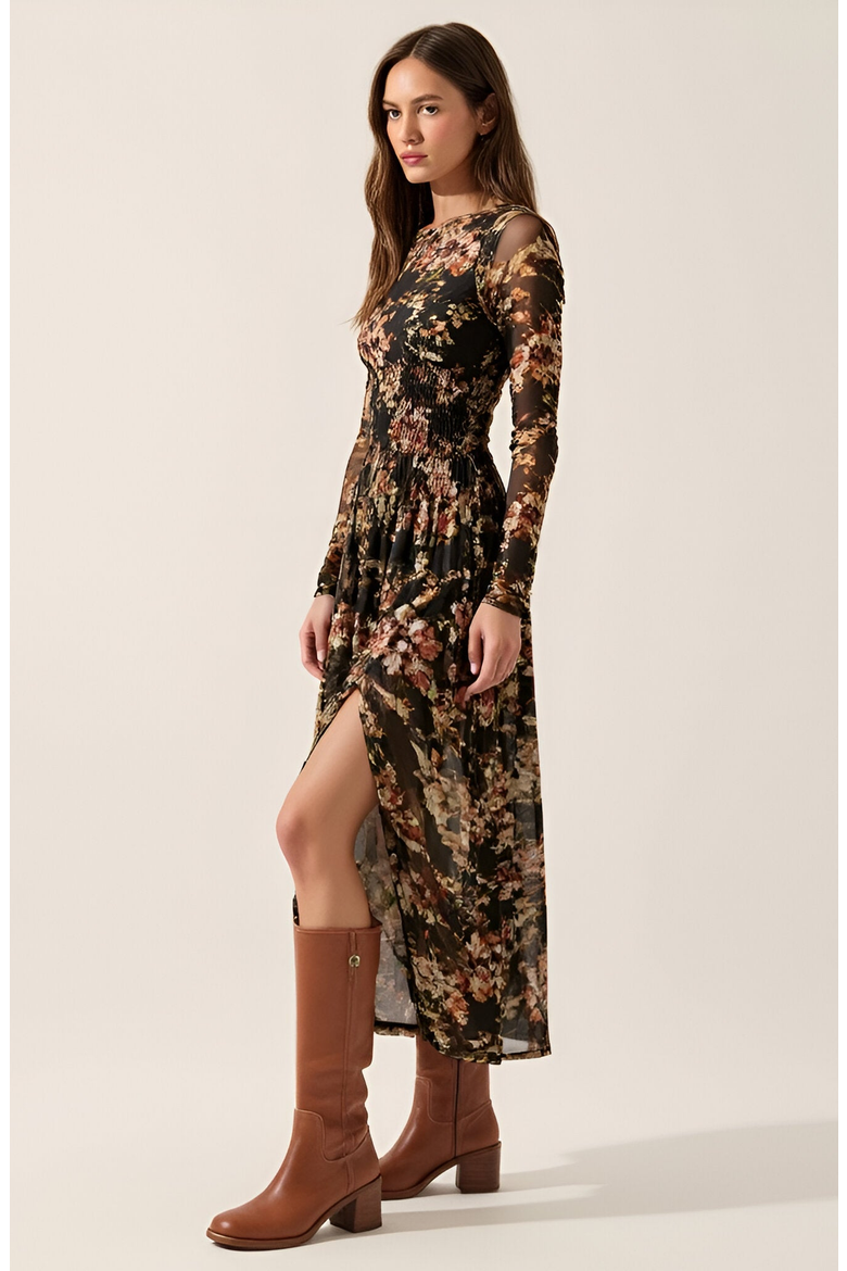 Floral Mesh Midi Dress with Contour Bodice, Alternate, color, Floral Mesh