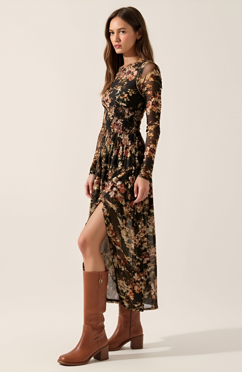 Modenaire Floral Mesh Midi Dress with Contour Bodice, Alternate, color, 