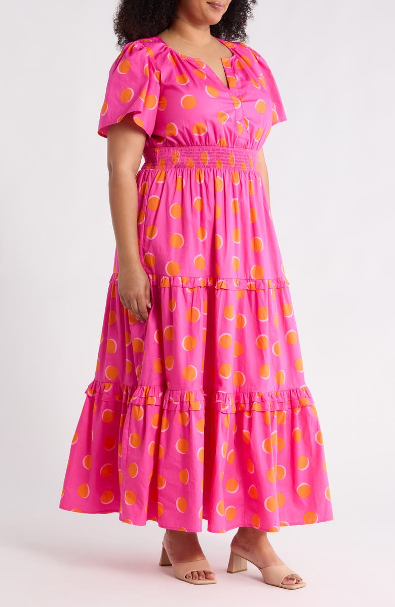 SUGARLIPS Jolene Print Tiered Maxi Dress, Alternate, color, Fuchsia-Orange-Dot