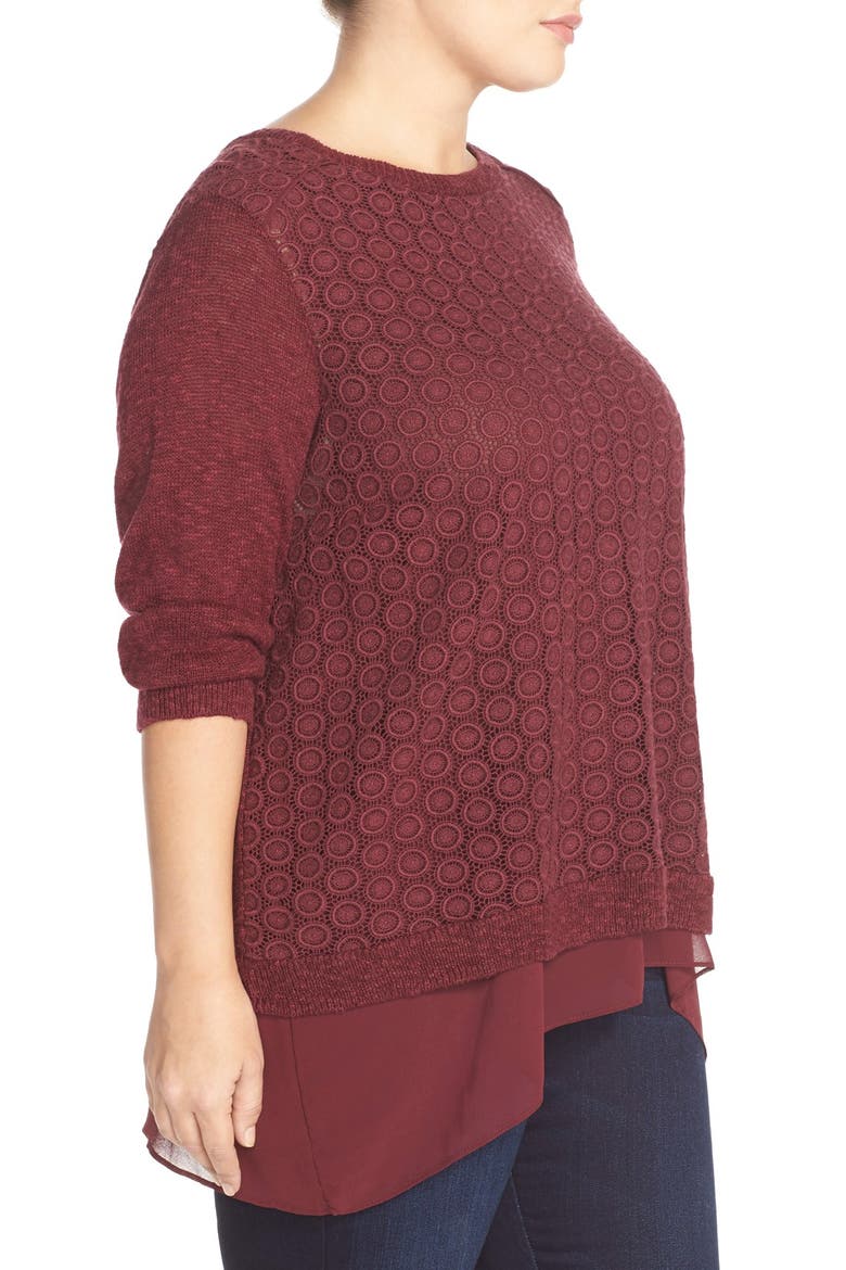 Mixed Media Layered Look Sweater, Alternate, color, LUXE BURGA