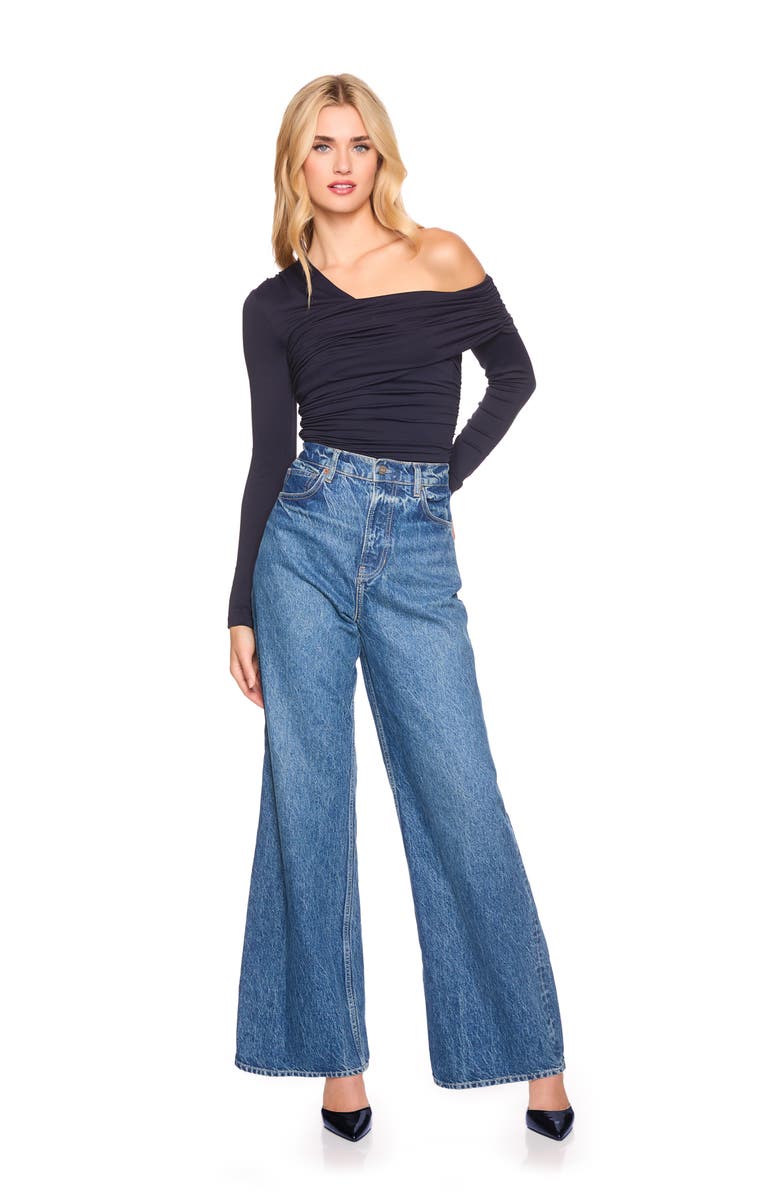 Susana Monaco Asymmetric Off the Shoulder Ruched Long Sleeve Top, Alternate, color, Midnight