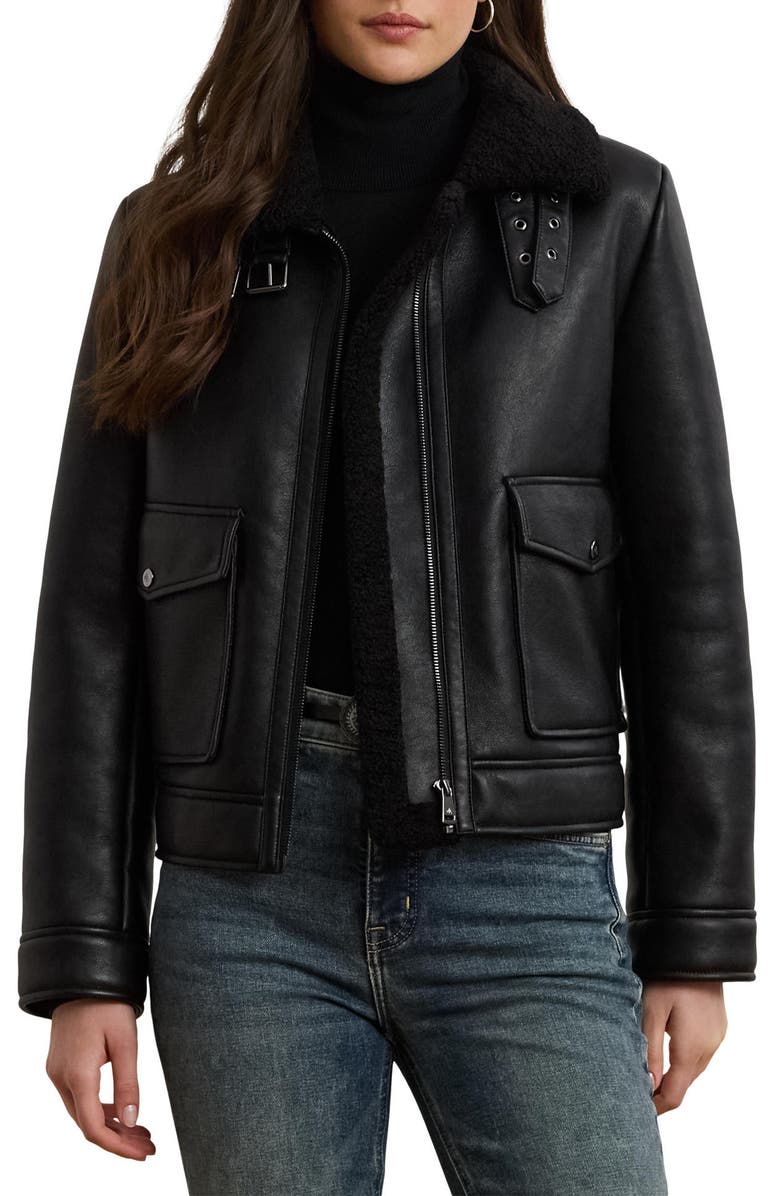 Lauren Ralph Lauren Faux Leather & Faux Shearling Bomber Jacket, Main, color,