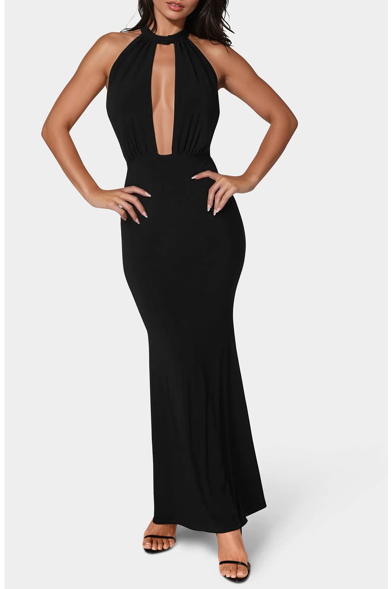 Halter Plunge Neck Maxi Dress, Main, color, BLACK