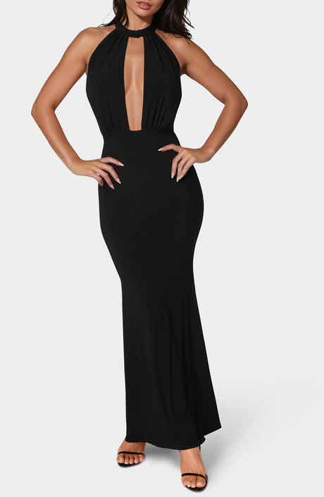 bebe Halter Plunge Neck Maxi Dress