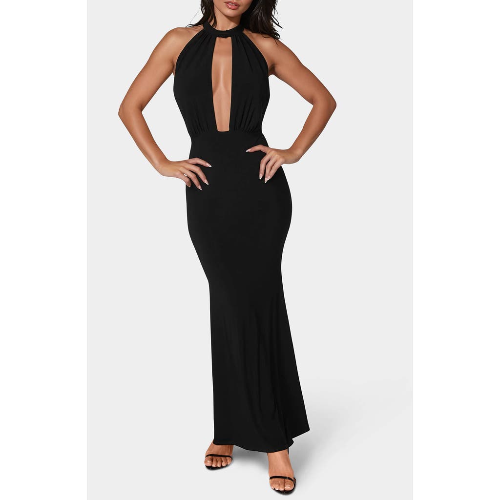 Bebe Plunge Neck Halter Floor Length Dress In Black
