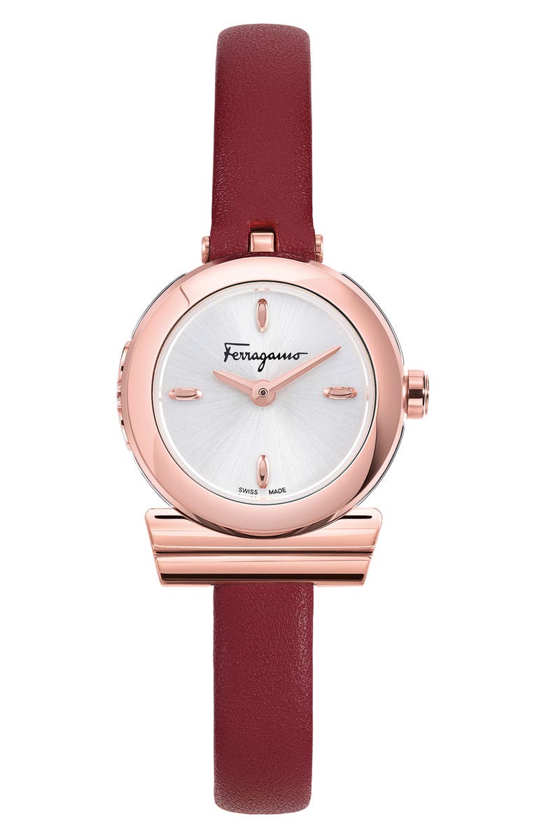 FERRAGAMO Gancio Leather Strap Watch, 22.5mm, Main, color,