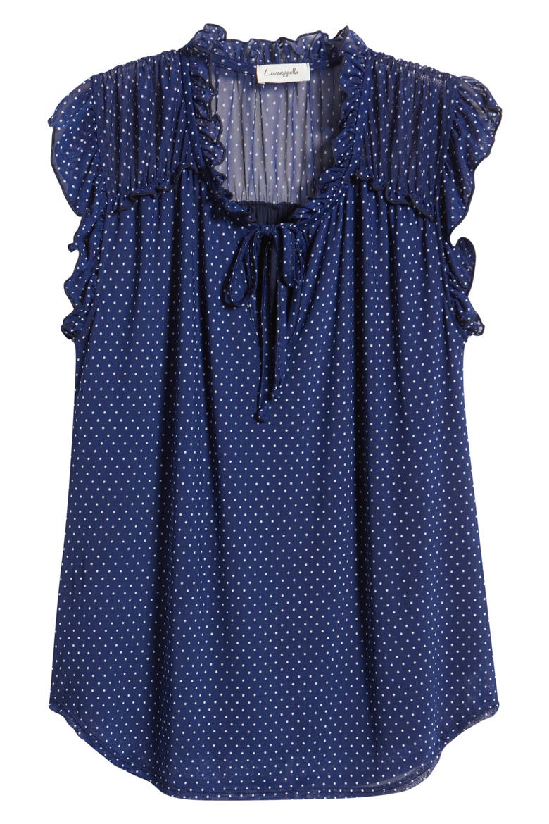 Polka Dot Ruffle Trim Split Neck Top, Alternate, color, NAVY