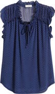Loveappella Polka Dot Ruffle Trim Split Neck Top