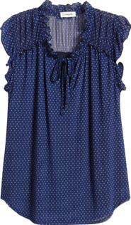 Loveappella Polka Dot Ruffle Trim Split Neck Top