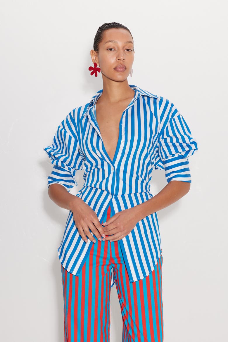 Loch Poplin Tie Back Button Up Shirt, Main, color, Blue Stripe