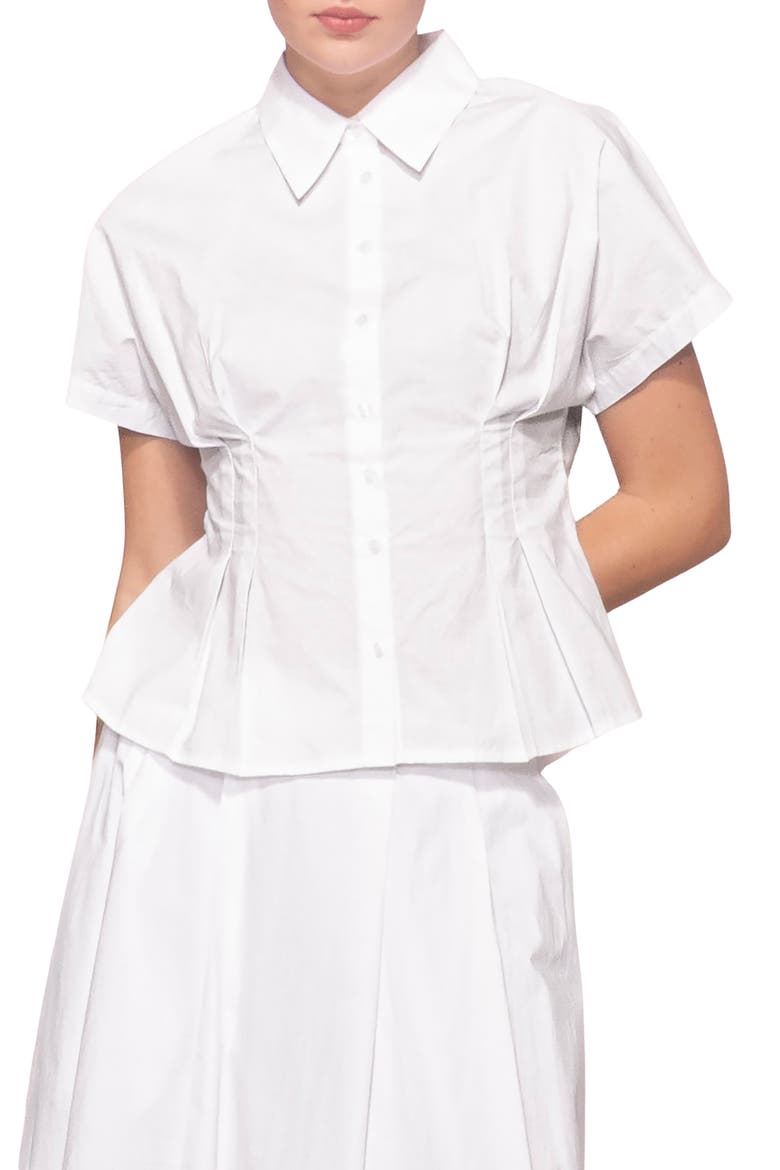 Godet Short Sleeve Button-Up Shirt, Main, color, WHITE