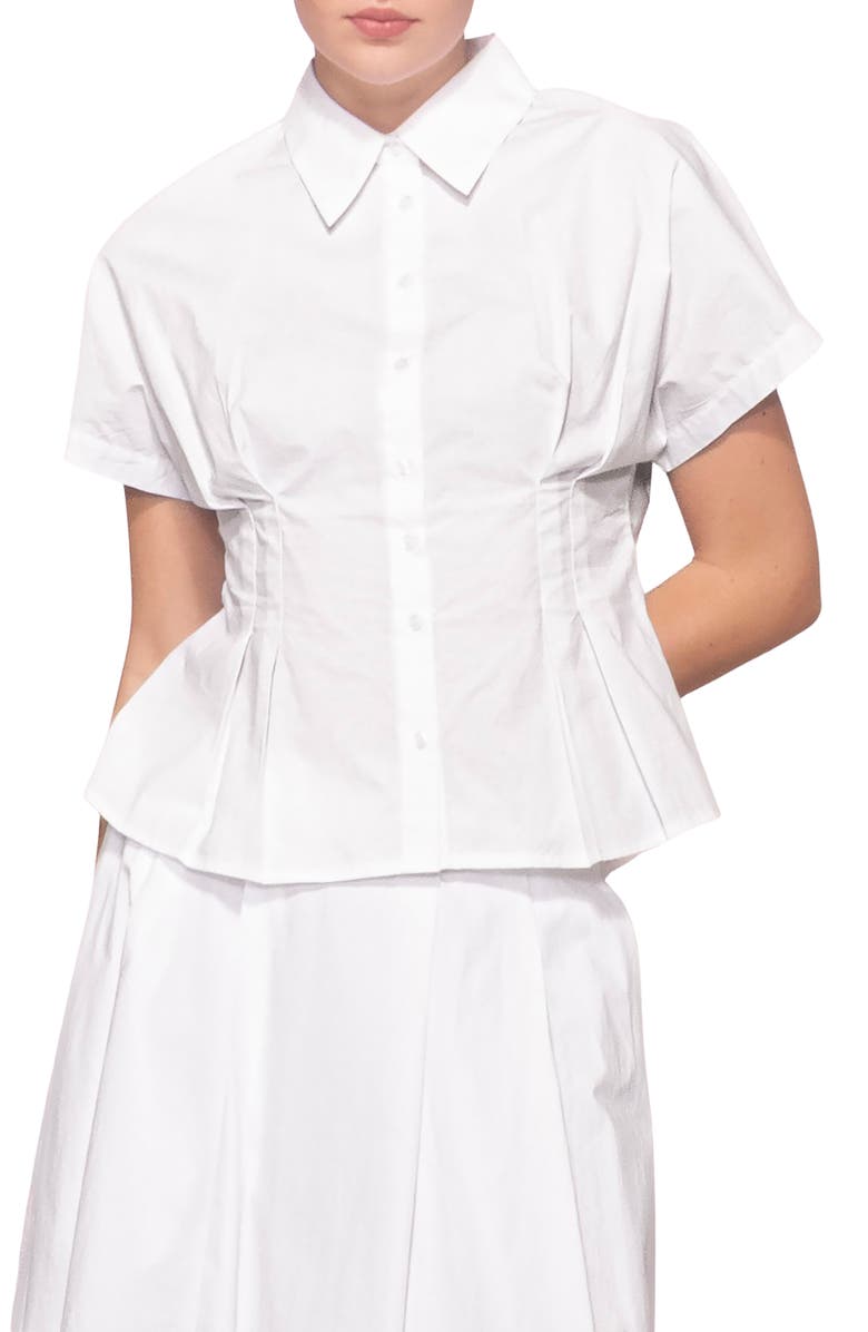 MELLODAY Godet Short Sleeve Button-Up Shirt, Main, color, White