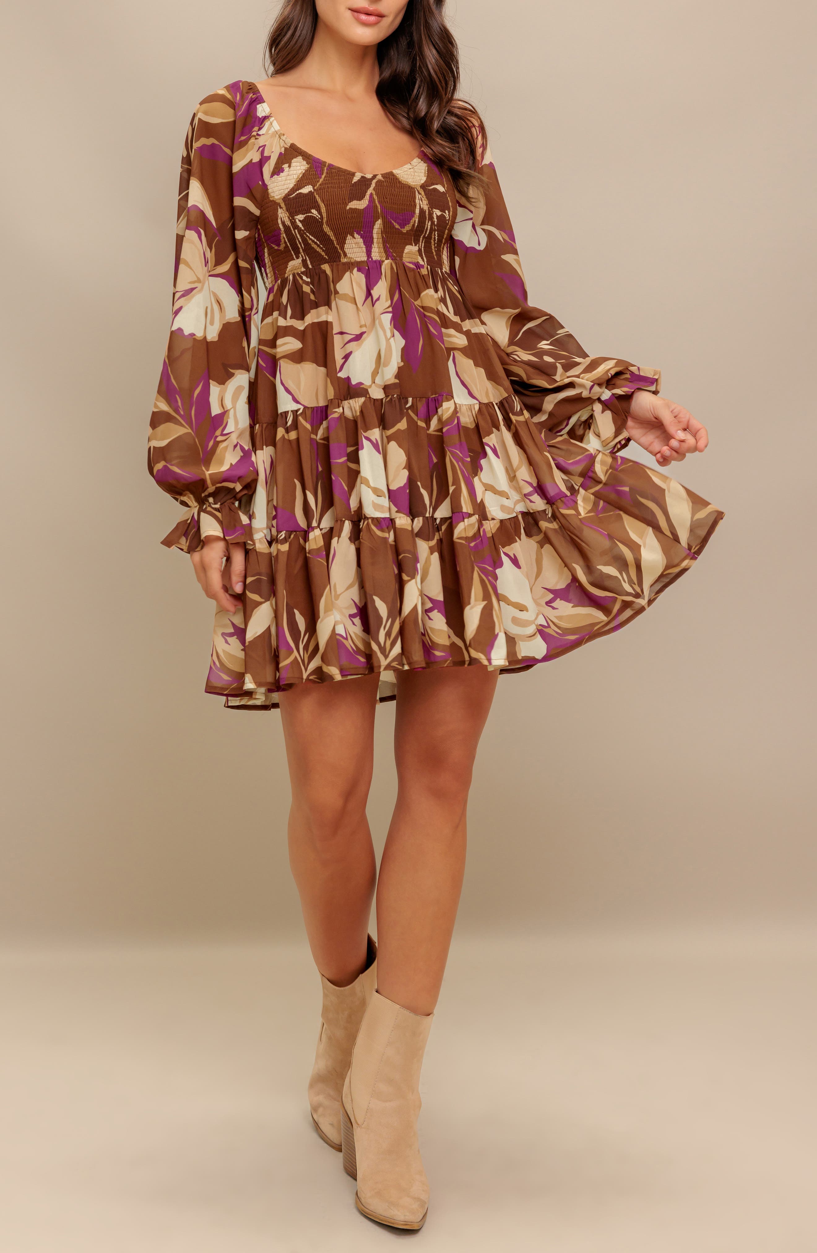 Floral Long Sleeve Tiered Babydoll Dress