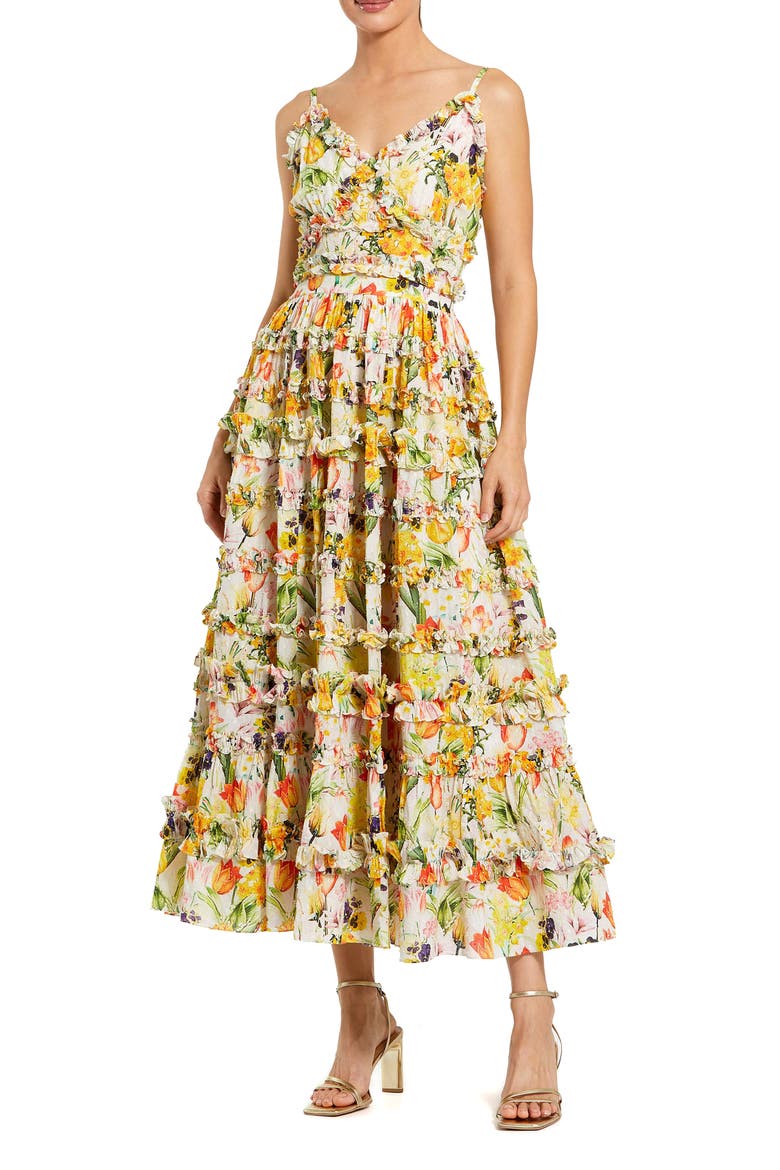 Floral Print Ruffle Tiered Midi Dress, Main, color, Yellow Multi