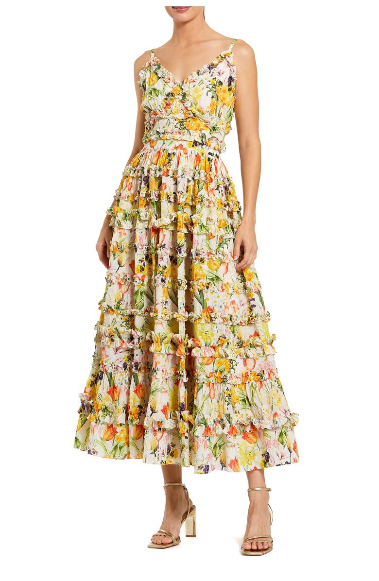 Mac Duggal Floral Print Ruffle Tiered Midi Dress, Main, color, Yellow Multi