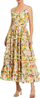 Mac Duggal Floral Print Ruffle Tiered Midi Dress
