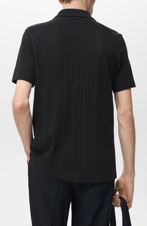 Mango Short Sleeve Structured Knit Button-up Shirt In Black