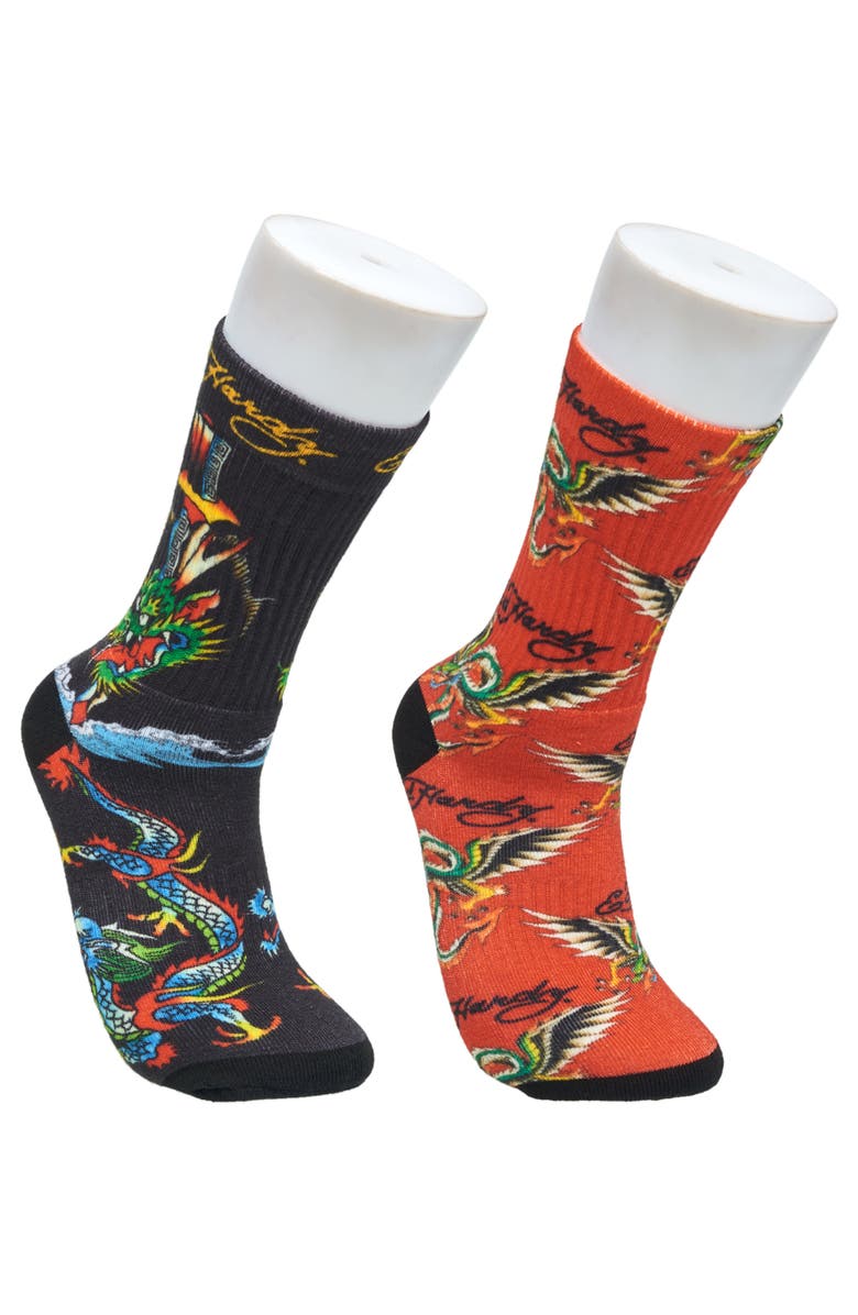Ed Hardy Dragon 360 Print Full Cushion Crew Sock 2-Pack, Main, color, Red