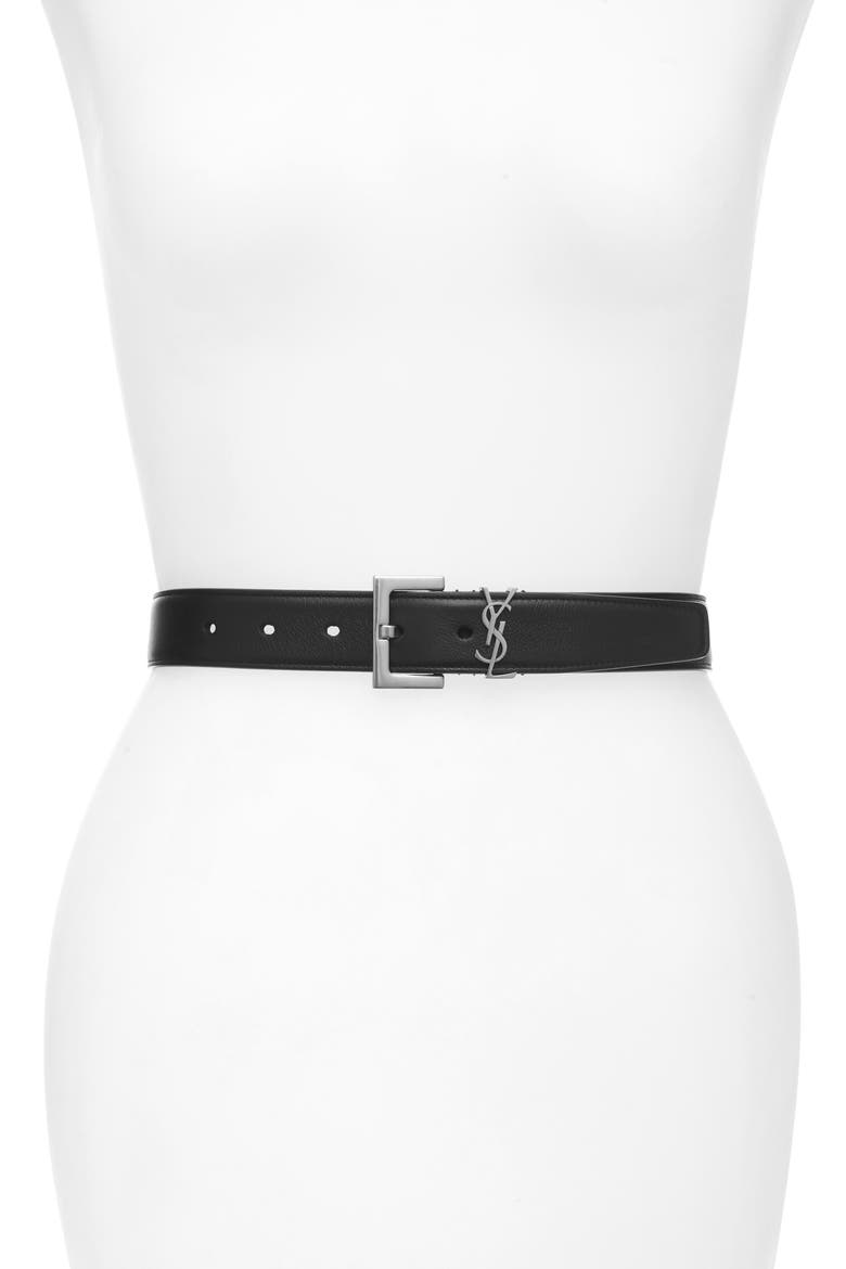 Laque YSL Monogram Leather Belt, Main, color, NERO