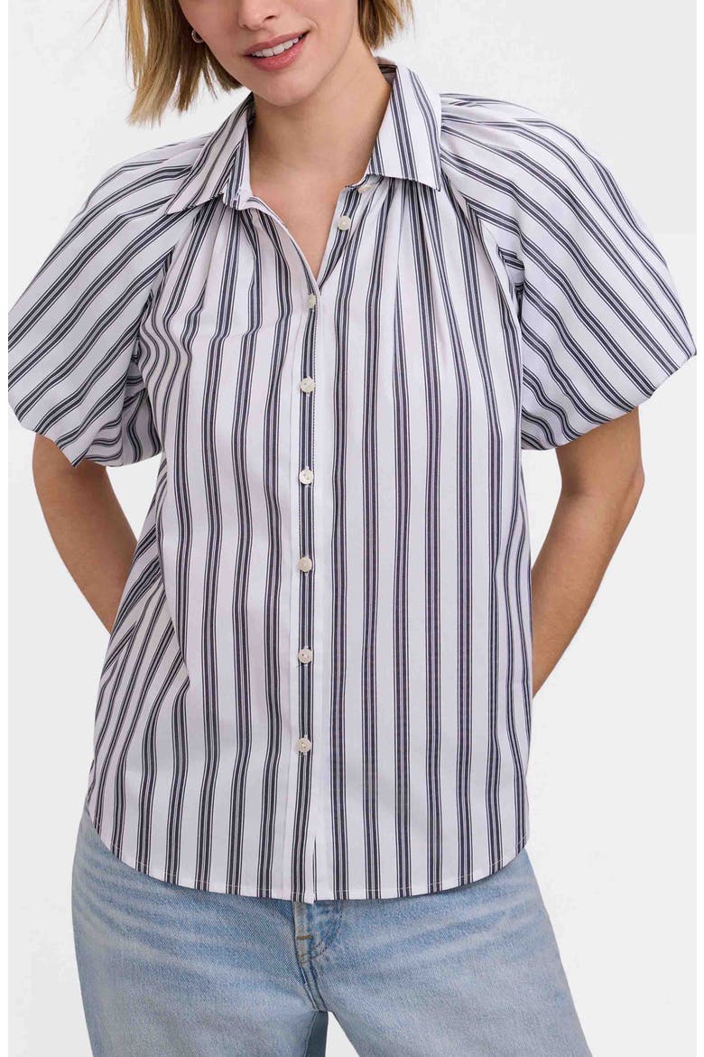 Paula Stripe Puff Sleeve Cotton Blend Button-Up Shirt, Main, color, BLACK/ WHITE